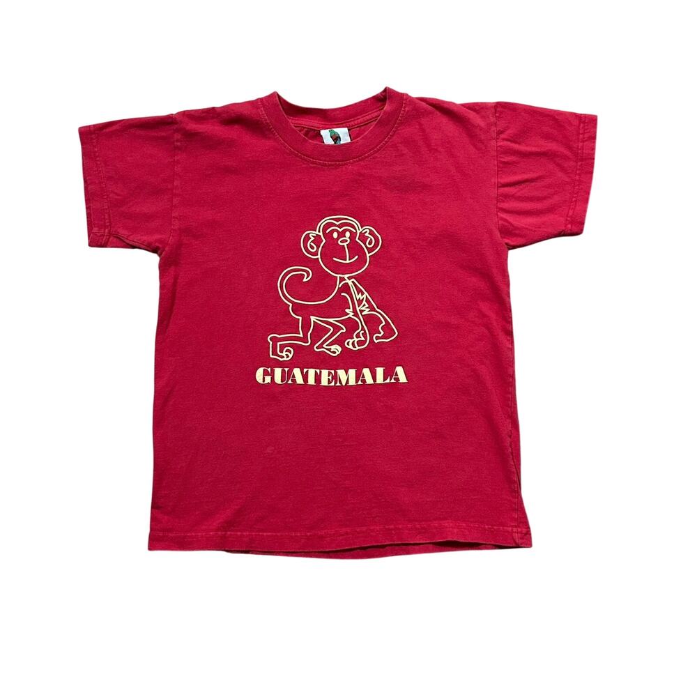 Y2K Guatemala Monkey Graphic Baby Tee Red Yellow 100% Cotton Fitted Size S